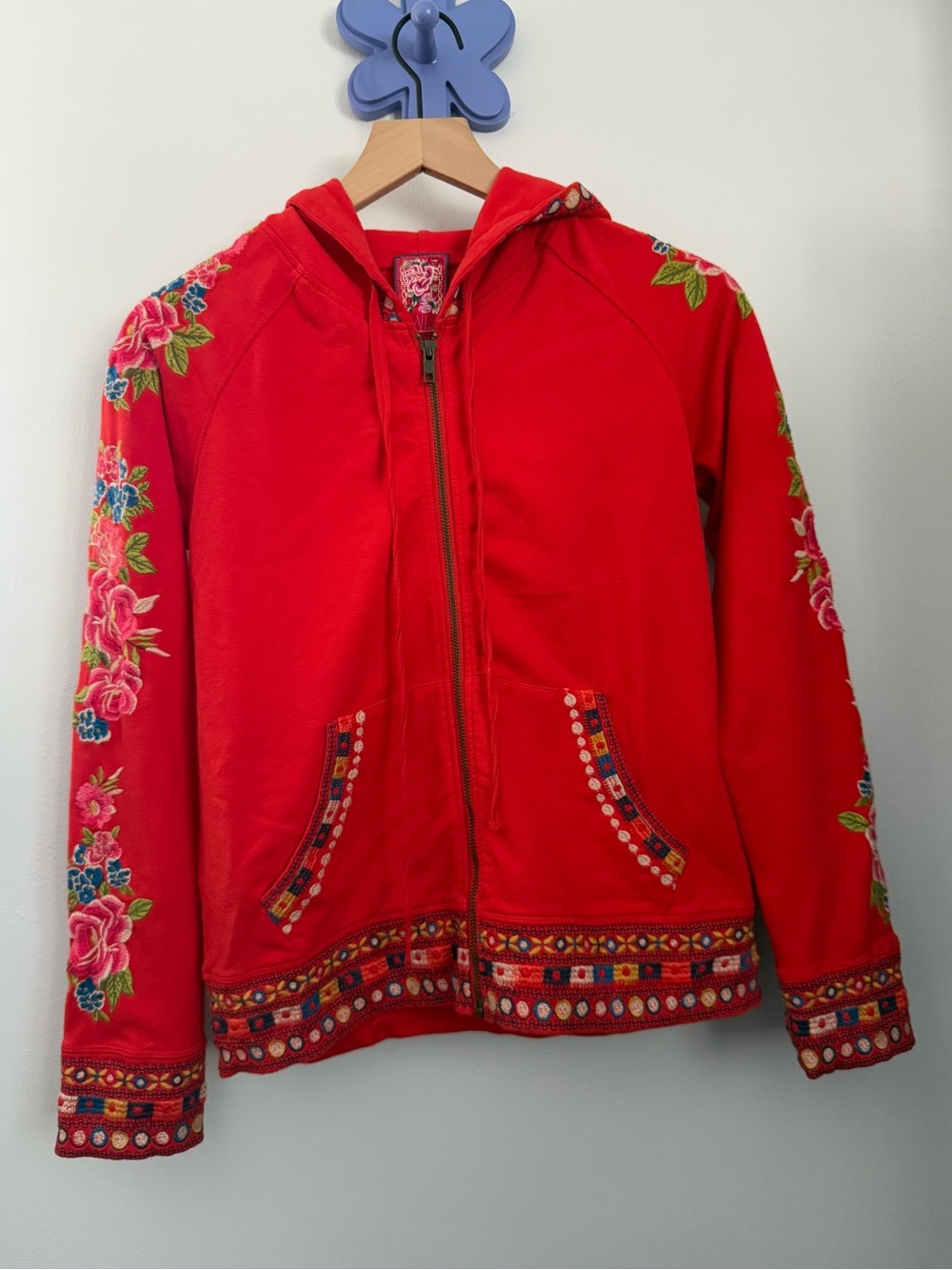 Johnny Was Petite XS Rina Full Zip Hoodie Red Boho Floral Embroidered Colorful - Picture 2 of 10